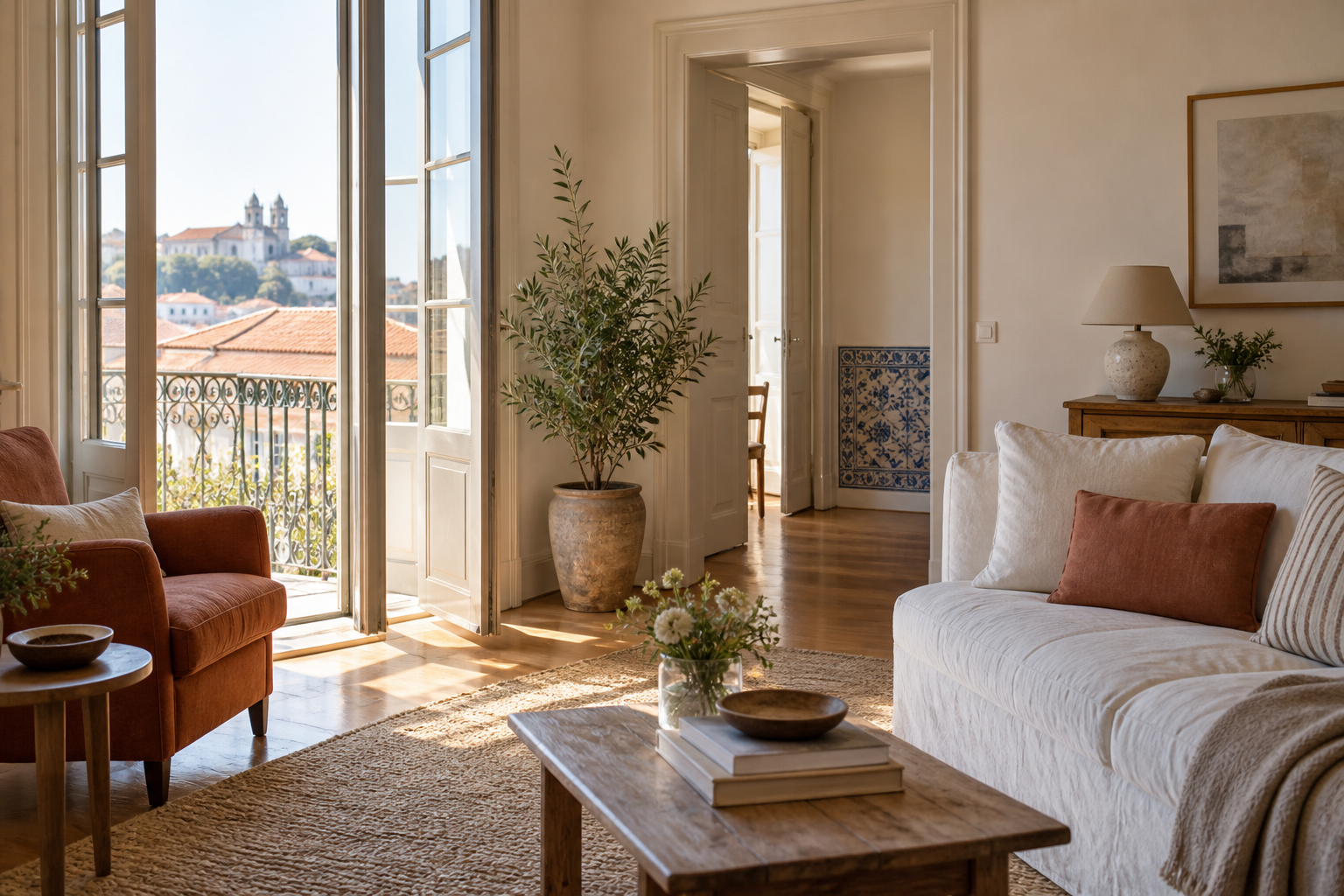Illustrative sunlit Porto apartment with terracotta accents and tall windows